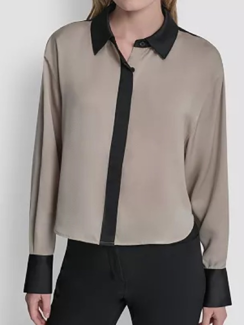 NWT DKNY Color Block Button-Front Blouse Shirt Pebble Black Size L